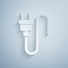 Poster - Paper cut Electric plug icon isolated on grey background. Concept of connection and disconnection of the electricity. Paper art style. Vector