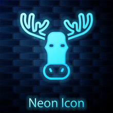 Glowing Neon Moose Head With Horns Icon Isolated On Brick Wall Background. Vector