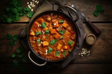 Wall Mural - Top view of vegetarian madras curry stew with sweet potatoes & cashew nuts in saucepan, with copy space. Generative AI