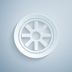 Wall Mural - Paper cut Car wheel icon isolated on grey background. Paper art style. Vector