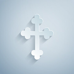 Wall Mural - Paper cut Christian cross icon isolated on grey background. Church cross. Paper art style. Vector