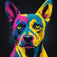 A Dog With A Colorful Face Is Shown In This Picture, It Looks Like He Is Looking At The Camera.
