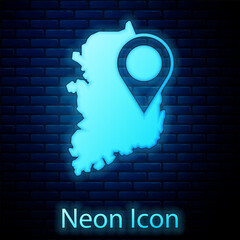 Sticker - Glowing neon South Korea map icon isolated on brick wall background. Vector