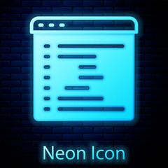 Poster - Glowing neon Browser window icon isolated on brick wall background. Vector