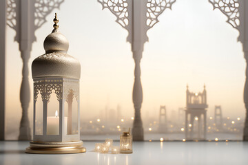 Wall Mural - Arabic lantern with a candle on a light background 7