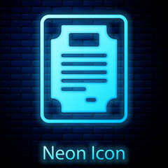 Sticker - Glowing neon Certificate template icon isolated on brick wall background. Achievement, award, degree, grant, diploma concepts. Vector