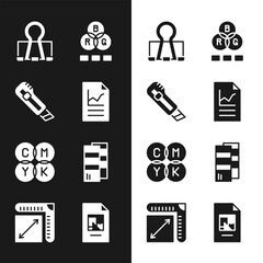 Sticker - Set Document with graph chart, Stationery knife, Binder clip, RGB color mixing, CMYK, Pantone, File document and Paper size icon. Vector