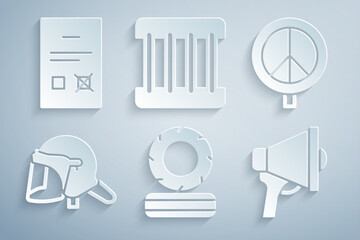 Wall Mural - Set Lying burning tires, Peace, Police helmet, Megaphone, Prison window and Poll document icon. Vector