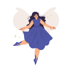 Poster - Beautiful Woman Fairy with Wings in Purple Dress Fluttering Around Vector Illustration