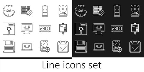 Poster - Set line Calendar with check mark, IV bag, Dead mobile, monitor, Floppy disk in the 5.25-inch, Clock 24 hours, Digital alarm clock and Server setting icon. Vector