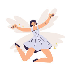 Sticker - Beautiful Woman Fairy with Wings in Dress Fluttering Around Vector Illustration