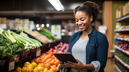 Cheerful female store owner using a digital tablet in her grocery, small business running concept, with copy space.