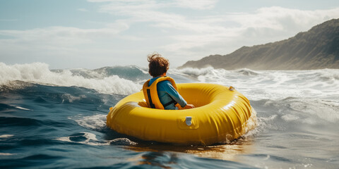 Wall Mural - Little boy with yellow inflatable wheel enjoying sea waves