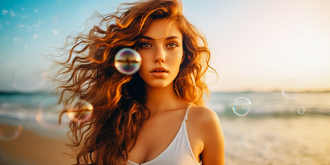 Wall Mural - Portrait of beautiful girl making bubbles with bubble blower stick at the beach