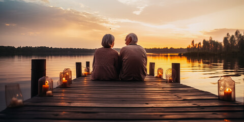 Wall Mural - Senior couple in in love sitting on pier and enjoying romantic date by lake