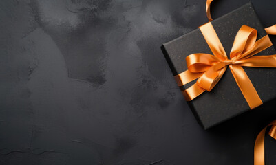 Wall Mural - Black gift box with orange ribbon on grey background, top view, copy space