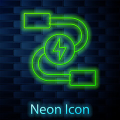 Sticker - Glowing neon line Car battery jumper power cable icon isolated on brick wall background. Vector