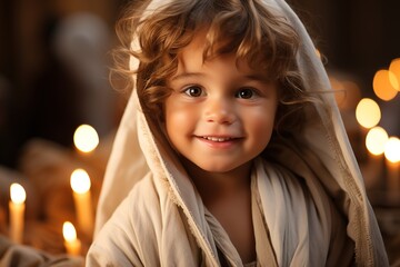 Baby Jesus in the Jerusalem Temple against the backdrop of candles