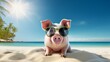 A cool pig wearing sunglasses chilling on a sunny beach