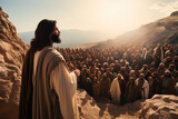 Fototapeta  - Jesus Christ's Sermon on the Mount. Jesus is on a mountain preaching to a large crowd of people.  AI generation