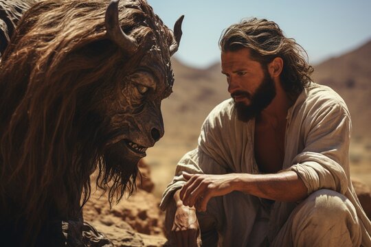 Jesus Christ in the desert, Jesus is tempted by the devil, AI generation