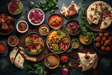 Various Middle Eastern Dishes On A Rustic Background Including Hummus, Tabbouleh, Pita, Kebab, Falafel, Baklava, And Pomegranate. Halal Food. Top View, Flat Lay. Generative AI