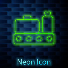 Sticker - Glowing neon line Airport conveyor belt with passenger luggage, suitcase, bag, baggage icon isolated on brick wall background. Vector