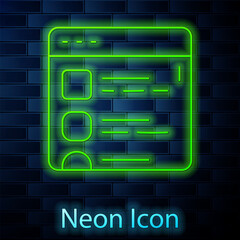 Poster - glowing neon line browser files icon isolated on brick wall background. vector
