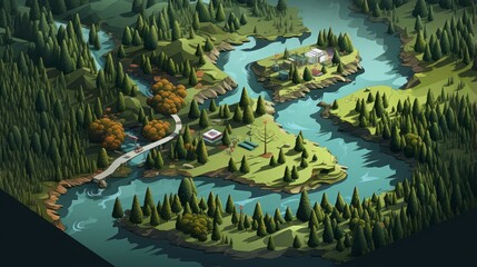 Wall Mural - river mountain isometric.