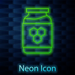 Sticker - Glowing neon line Jar of honey icon isolated on brick wall background. Food bank. Sweet natural food symbol. Vector