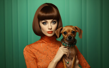 Stylish beauty brunette with bob hair style holding cute small brown dog, looking into camera.