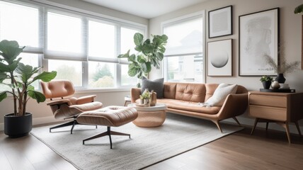 Living room decor, home interior design . Mid-Century Modern Minimalist style with Large Window decorated with Wood and Glass material . Generative AI AIG26.