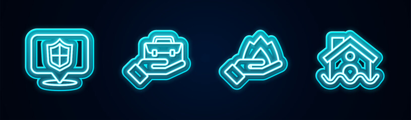 Sticker - Set line Location shield, Hand holding briefcase, fire and House flood. Glowing neon icon. Vector