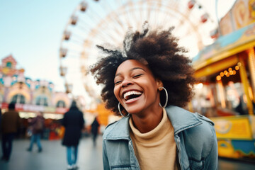 Wall Mural -  Smiling young woman having fun in amusement park Prater in Vienna