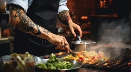 chef preparing food, close-up of chef cooking meat in the kitchen, chef cooking delicious foods in the kitchen, man in the kitchen, cooking man close-up