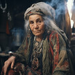 Very elderly woman in bright ancient clothes in  headscarf with jewelry smokes pipe,  pirate's grandmother, an old gypsy woman, a close-up portrait of an unusual person