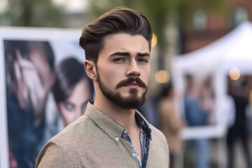 Wall Mural - shot of a handsome young man standing in front of an event poster