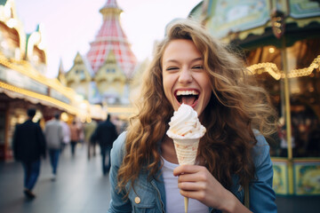 Wall Mural - Smiling young woman with ice cream having fun in amusement park Prater in Vienna