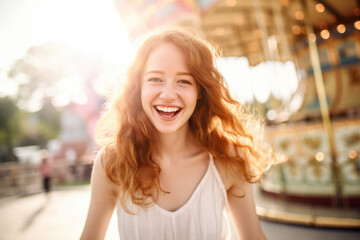 Wall Mural -  Smiling young woman having fun in amusement park Prater in Vienna