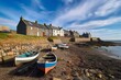 Fishing village craster in Northumberland, UK. Rocky bay with boats and cottages. Generative AI