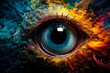 Colorful eye surrounded by colorful spaces clouds and smoke, colorful explosions, abstract image of an eye, in the style of colorful explosions.