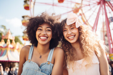  Happy young friends having fun in amusement park Prater in Vienna