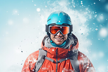 Portrait of a male skier or snowboarder in equipment with a helmet and mask on a blue snowy background.