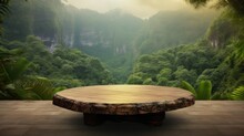 A Flat Rock Empty Table For Product Display With Blur Background Of Tropical Jungle. Generative AI AIG30.