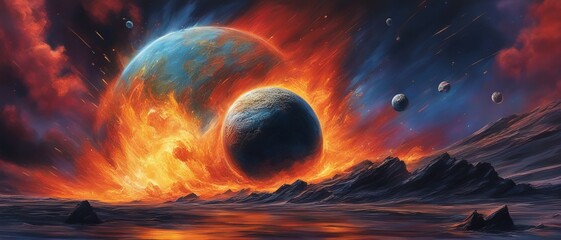 Wall Mural - asteroid collisions with a celestial body. the planet collides with the moon, the planet was consume