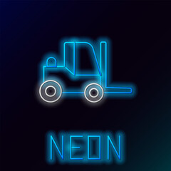 Canvas Print - Glowing neon line Forklift truck icon isolated on black background. Fork loader and cardboard box. Cargo delivery, shipping, transportation. Colorful outline concept. Vector