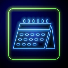 Wall Mural - Glowing neon Calendar icon isolated on blue background. Event reminder symbol. Vector