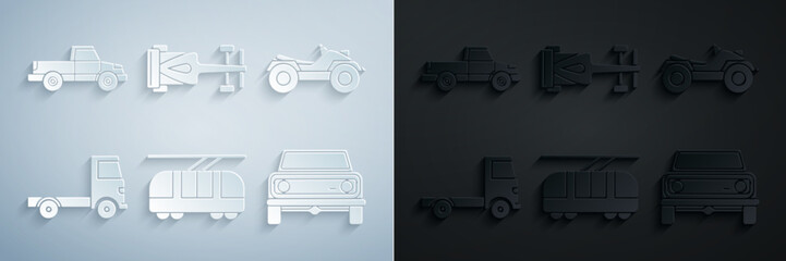 Sticker - Set Tram and railway, All Terrain Vehicle or ATV motorcycle, Delivery cargo truck vehicle, Off road, Formula race and Pickup icon. Vector