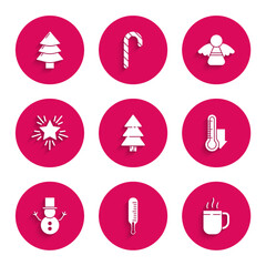 Sticker - Set Christmas tree, Meteorology thermometer measuring, Coffee cup, snowman, star, angel and icon. Vector