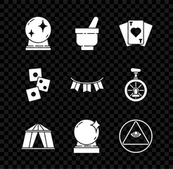 Canvas Print - Set Magic ball, mortar and pestle, Playing cards, Circus tent, Masons, Game dice and Carnival garland with flags icon. Vector